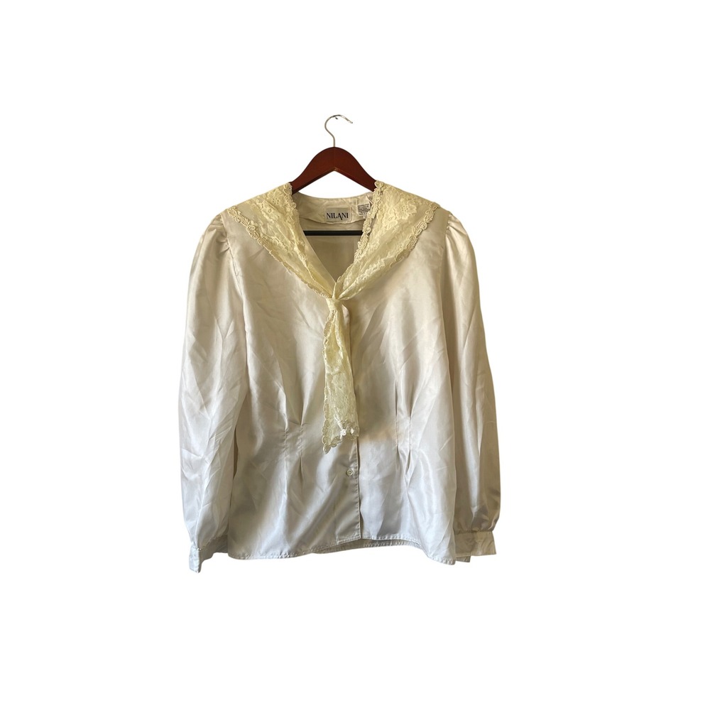 Vintage Ivory Satin Lace Shawl Collar Tie Blouse Sz 6 Sailor nautical Victorian